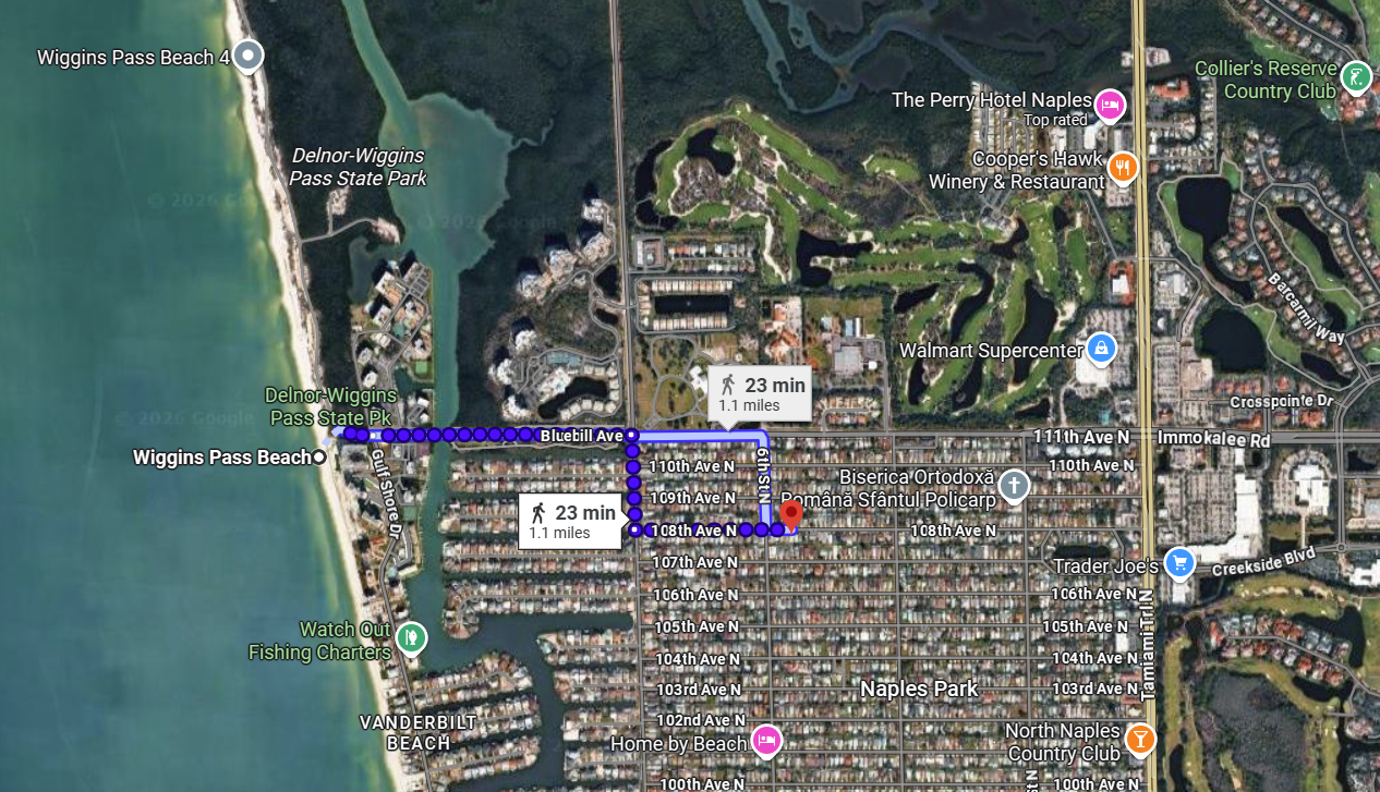 Map showing A Cozy Domik location near nearby Naples beaches and points of interest